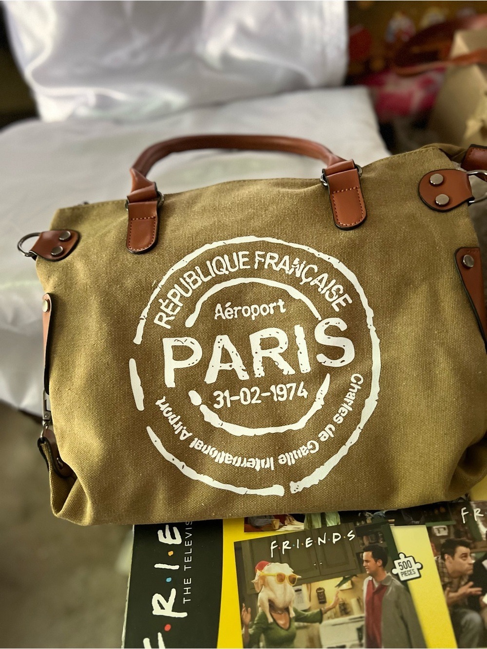 Paris Canvas Tote Bag with Brown Faux-Leather Handles